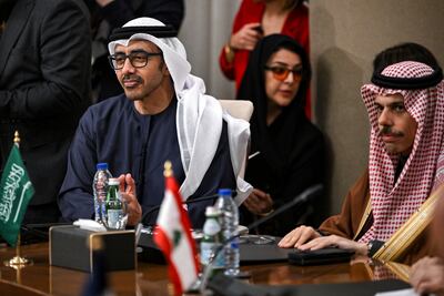 The UAE's Foreign Minister Sheikh Abdullah bin Zayed and Saudi Arabia's Foreign Minister Prince Faisal bin Farhan attend the meeting of the Arab Contact Group on Syria. AP