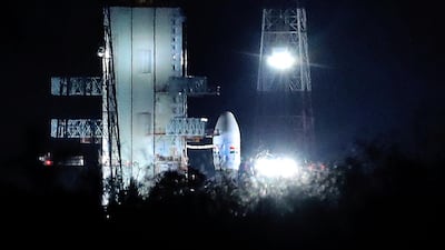 The Chandrayaan-2 stands at Satish Dhawan Space Centre after the Moon mission was aborted less than a hour before lift-off at Sriharikota island, off the coast of southern India. AP Photo