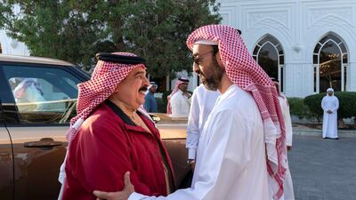 Sheikh Tahnoon bin Zayed , UAE National Security Advisor, right, converses with King Hamad. Mohamed Al Hammadi / Ministry of Presidential Affairs