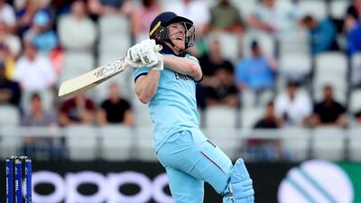 England's captain Eoin Morgan watches as he hits one of his 17 sixes. AP Photo