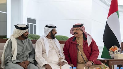 From right: King Hamad , Sheikh Tahnoon bin Mohamed and Sheikh Saif bin Mohamed in conversation during a Sea Palace barza. Mohamed Al Hammadi / Ministry of Presidential Affairs