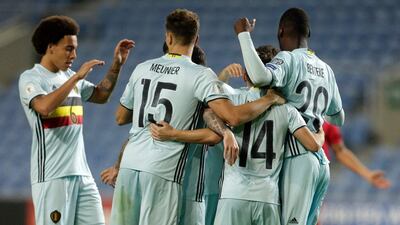 Belgium players celebrate another goal. Jose Manuel Ribeiro / AFP