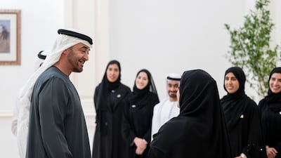 President Sheikh Mohamed met winners of the Nafis Awards in Abu Dhabi on Tuesday. UAE Presidential Court