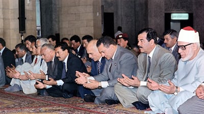 From right to left; Grand Sheikh of Al Azhar, Iraqi President Saddam Hussein, Egyptian President Hosni Mubarak, Jordanian King Hussein and North Yemeni President Ali Abdullah Saleh attend Friday prayers, on June 16, 1989 during the Arab Cooperation Council in Alexandria, Egypt. AFP