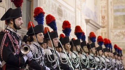 The Arma dei Carabinieri await the arrival of Sheikh Mohammed bin Zayed, Crown Prince of Abu Dhabi and Deputy Supreme Commander of the Armed Forces and Matteo Renzi, Prime Minister of Italy at the Museo di Palazzo Vecchio. Ryan Carter / Crown Prince Court - Abu Dhabi