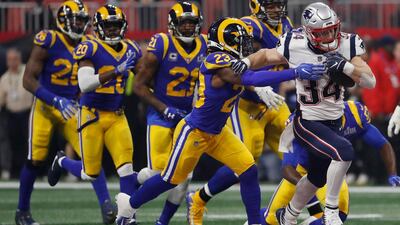 The Patriots' Rex Burkhead in action with Los Angeles Rams' Nickell Robey-Coleman. Reuters