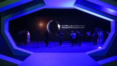 The spaceship-themed hallway at the Global Space and Satellite Forum at Adnec. Lee Hoagland / The National