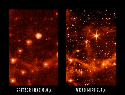 This combination of images provided by Nasa on May 9, 2022, shows part of the Large Magellanic Cloud, a small satellite galaxy of the Milky Way, seen by the retired Spitzer Space Telescope, left, and the new James Webb Space Telescope. That photo taken by James Webb was to test out the telescope. Photo: Nasa