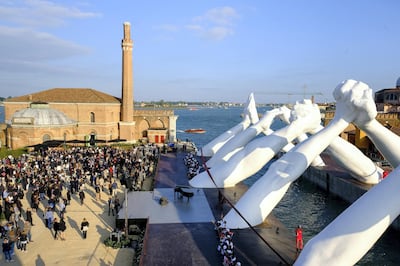 Lorenzo Quinn’s ‘Building Bridges’ sculpture at the Venice Biennale. Getty