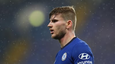 Timo Werner looks on through the rain during the match at Stamford Bridge. AFP
