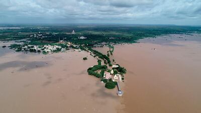 An aerial view of the Kudala Sangama, an important centre of pilgrimage for the Lingayat community, submerged in floodwaters in Bagalkot, India. AFP