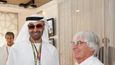 Sheikh Mohammed bin Zayed speaks with Bernie Ecclestone President and CEO of Formula 1 at the Abu Dhabi Grand Prix, at Yas Marina Circuit. (Ryan Carter / Crown Prince Court - Abu Dhabi)