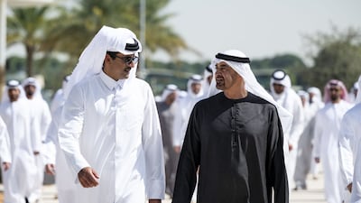 President Sheikh Mohamed receives Sheikh Tamim, Emir of Qatar, at Al Bateen Airport in Abu Dhabi. Wam
