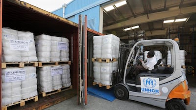 Tens of thousands of sleeping mats, kitchen equipment, jerrycans, thermal blankets and plastic tarpaulins worth Dh5.5 million will be sent on Tuesday from the United Nations High Commission for Refugees (UNHCR) warehouse in Dubai to Tartus in Syria. Jaime Puebla / The National