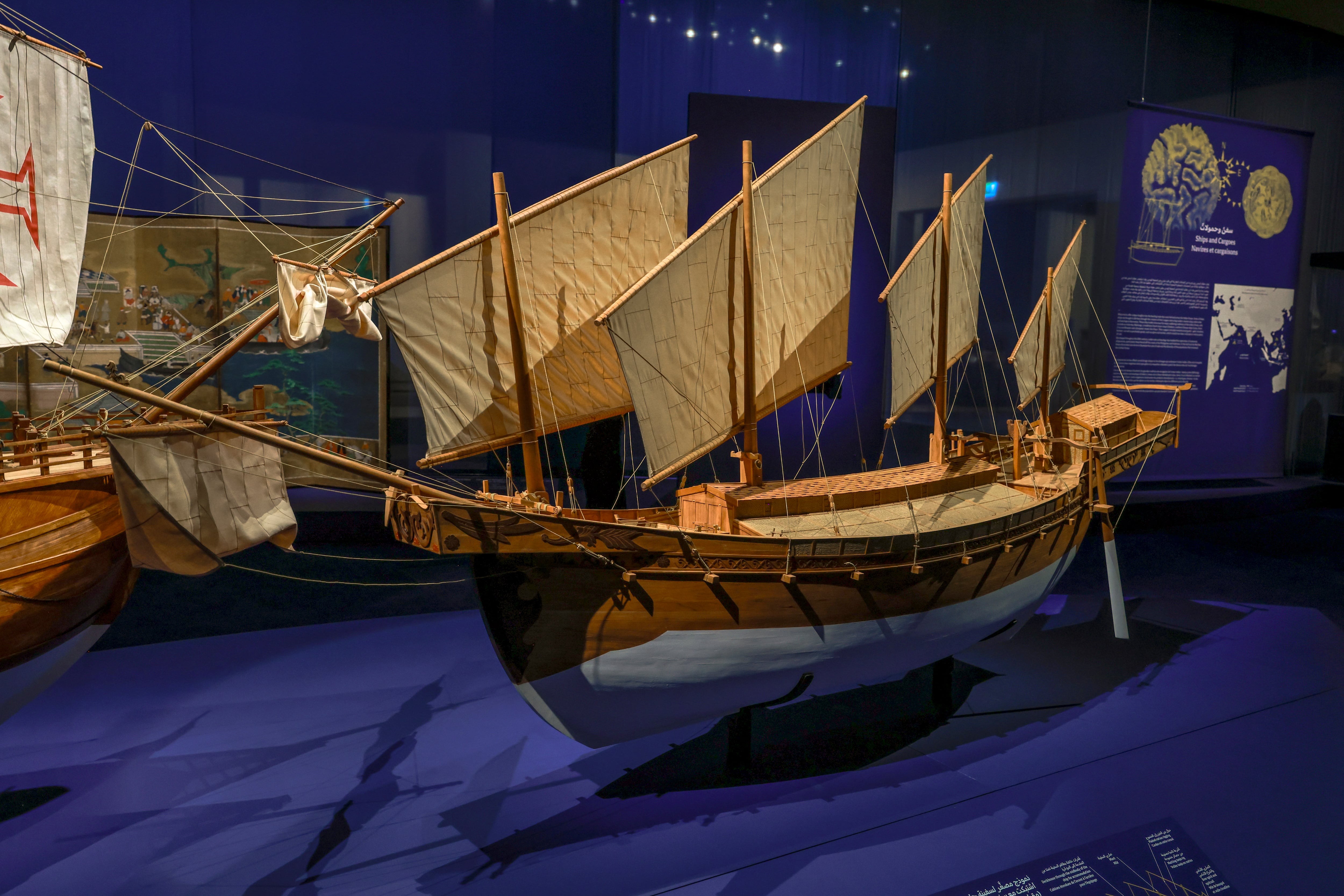 A scale model of a traditional sailing vessel at Louvre Abu Dhabi's Spices and Wonders exhibition. Six ship models highlight maritime traditions and the development of Indian Ocean trade routes. Victor Besa / The National