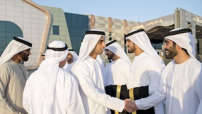 Sheikh Khaled bin Zayed, Deputy Chairman of Etihad Airways (L) attends the wedding reception of Hamad Rashed Al Shehhi (3rd R) and Ali Rashed Al Shehhi (2nd R), in Ras Al Khaimah. Rashed Al Mansoori / Crown Prince Court — Abu Dhabi