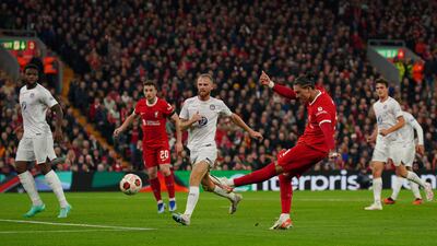 Liverpool's Darwin Nunez scores their side's third goal. PA