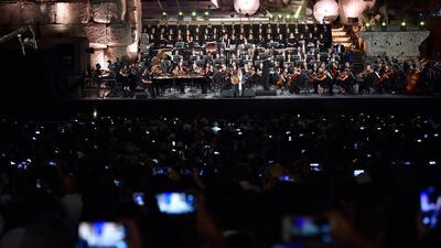 Lebanese Oud musician and singer Marcel Khalife (C) performs at the opening night of the annual Baalbeck International Festival (BIF) in Baalbeck, Beqaa Valley, Lebanon, 05 July 2019. The festival runs from 05 July to 03 August 2019. Photo: EPA
