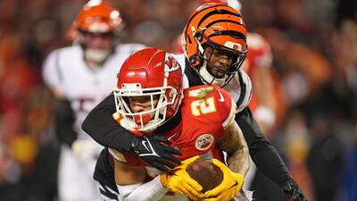 Kansas City Chiefs wide receiver Skyy Moore runs with the ball against Cincinnati Bengals cornerback Eli Apple. Reuters