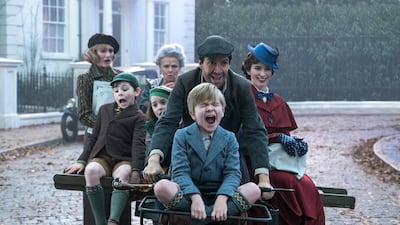 Jane (Emily Mortimer), John (Nathanael Saleh), Annabel (Pixie Davies, Ellen (Julie Walters), Jack (Lin-Manuel Miranda), Georgie (Joel Dawson) and Mary Poppins (Emily Blunt) in 'Mary Poppins Returns', Disney’s original musical which takes audiences on an entirely new adventure with the practically-perfect nanny and the Banks family.