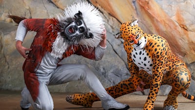 SeaWorld Abu Dhabi performers Benjamin Ratcliffe as a cotton-top tamarin and Matthew Wagner as a jaguar. All photos: Victor Besa / The National.
