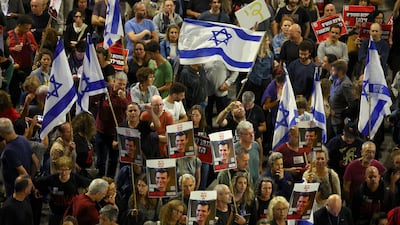 Israelis attend a protest to call for the release of hostages, in Tel Aviv, on April 20. Reuters