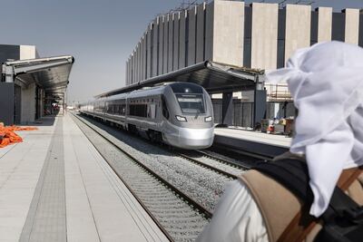 An Etihad Rail passenger train in Mohamed bin Zayed City. Antonie Robertson / The National