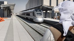 An Etihad Rail passenger train at Mohamed bin Zayed City station in Abu Dhabi. Antonie Robertson / The National
