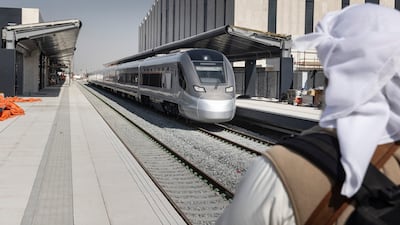 An Etihad Rail passenger train at Mohamed bin Zayed City station in Abu Dhabi. Antonie Robertson / The National