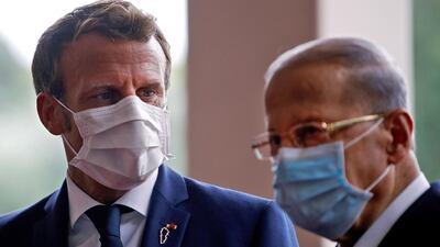 French President Emmanuel Macron meets Lebanese President Michel Aoun in Baabda, east of Beirut, earlier in the month. AFP