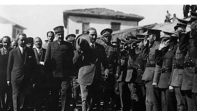 Mustafa Kemal Ataturk inspects troops at an officer's training school in Constantinople in 1926.