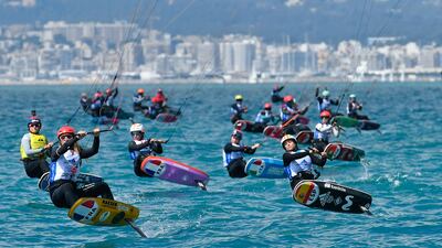 Competitors in action during the women's kite surfing race, part of the Princess Sofia Sailing Regatta, in Palma de Mallorca, Spain. EPA