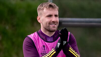Luke Shaw during training session at Aon Complex in Manchester. Getty