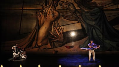 The Salvador Dalí painting Mad Tristan is the inspiration for La Verità, a theatrical production that features aerial stunts and a pianist in a rhino costume. Viviana Cangialosi / Compagnia Finzi Pasca
