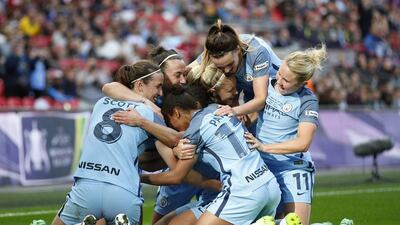 Carli Lloyd celebrates scoring Manchester City’s third goal against Birmingham City with teammates. Manchester City won the SSE Women’s FA Cup final 4-1 at Wembley. Matthew Childs / Reuters