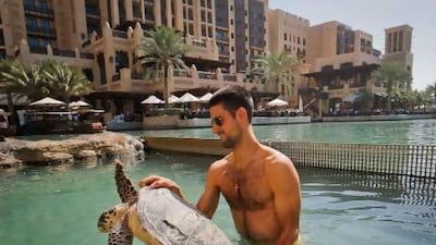 Novak Djokovic visited the Burj Al Arab rehabilitation turtle facility this week. AFP