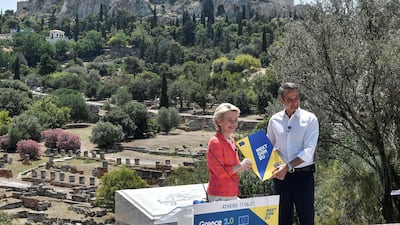 Greek Prime Minister Kyriakos Mitsotakis and European Commission President Ursula von der Leyen discuss Greece's post-Covid recovery plan. Reuters