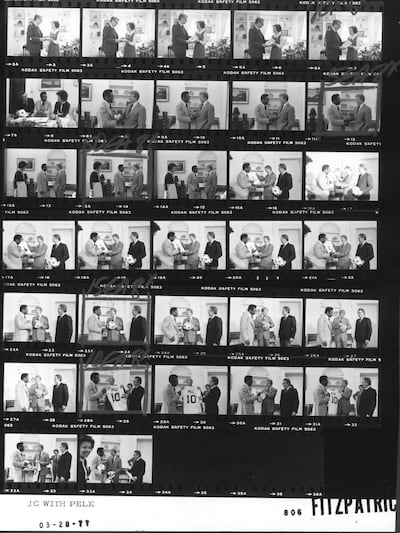 Pele also paid Jimmy Carter a White House visit in 1977 and presented him with a kit. Photo: Jimmy Carter Library / US National Archives