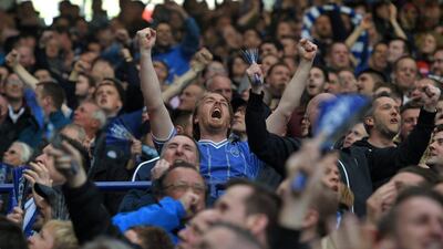 Leicester fans celebrate after Jamie Vardy scored the opening goal of the game during the Premier League match between Leicester City and West Ham United at the King Power Stadium on April 17, 2016 in Leicester, England. (Photo by Michael Regan/Getty Images)