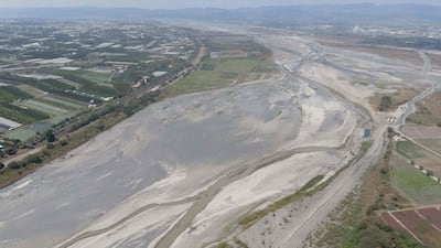 An aerial view of the dry Ai Liao River bed in Taiwan's Pingtung county. AFP