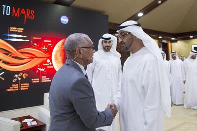Charles Bolden meets Sheikh Mohamed bin Zayed at a Ramadan Majlis in 2016. Mohamed Al Hammadi / Crown Prince Court – Abu Dhabi