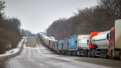 Lorries queue at the Goptivka border crossing between Ukraine and Russia, near the Eastern Ukrainian city of Kharkiv, amid growing tension. EPA