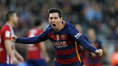 Lionel Messi of Barcelona celebrates after scoring the 1-1 equaliser against Atletico Madrid on Saturday in their La Liga contest. Alejandro Garcia / EPA