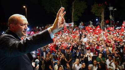 Turkish president Recep Tayyip Erdogan at a rally in Istanbul during the night of July 18-19, 2016. Turkish Presidential Press Office / EPA