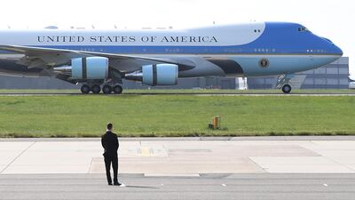 Air Force One lands at Stansted Airport in London, England. Getty