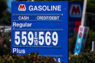 A sign displays the cash and credit card price of regular gasoline at a Marathon gas station in Richmond, California August 3, 2026. Bloomberg