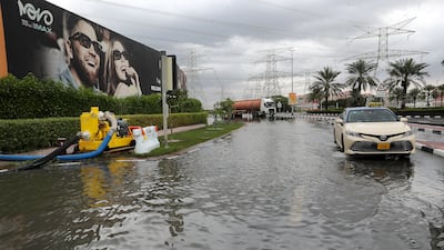 Water pumps installed to remove excess water near Ibn Battuta mall in Dubai. Pawan Singh / The National