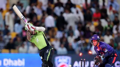 Qalanders batsman Luke Ronchi is bowled by Bangla Tigers' Prabath Jayasuriya. Chris Whiteoak / The National