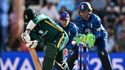 South Africa's Codi Yusuf is bowled by England spinner Adil Rashid for five. AFP