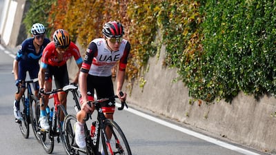 Tadej Pogacar, Mikel Landa and Enric Mas ride during the 116th edition of the Giro di Lombardia. AFP